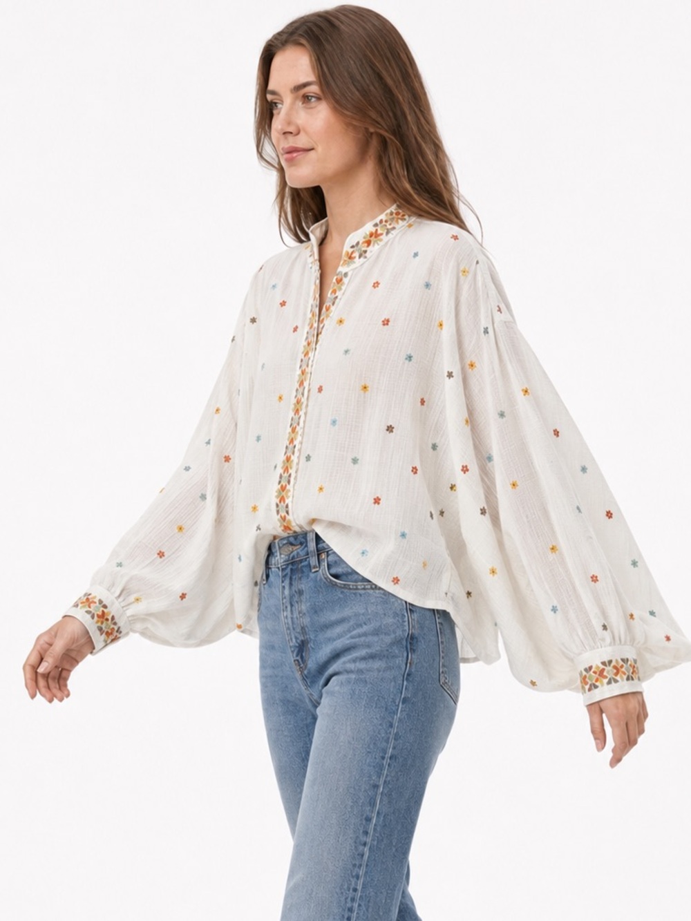 Label Ritu Kumar Embroidered Cotton Blouse Medium Off White Boho Pom Pom Shirt